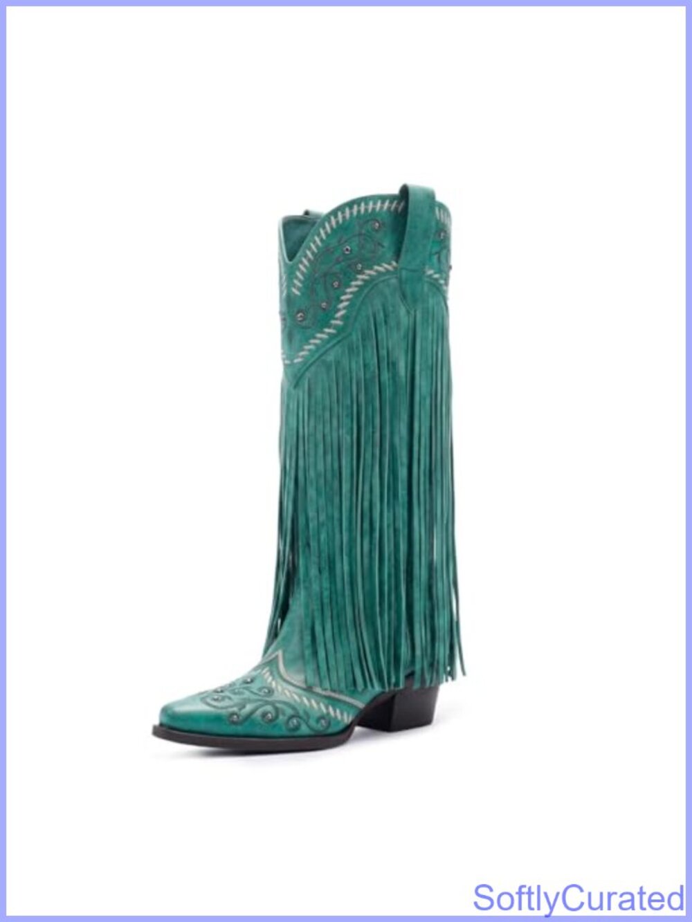 Knee High Cowboy Boots Embroidered Fringe Chunky Heel Pointed Toe